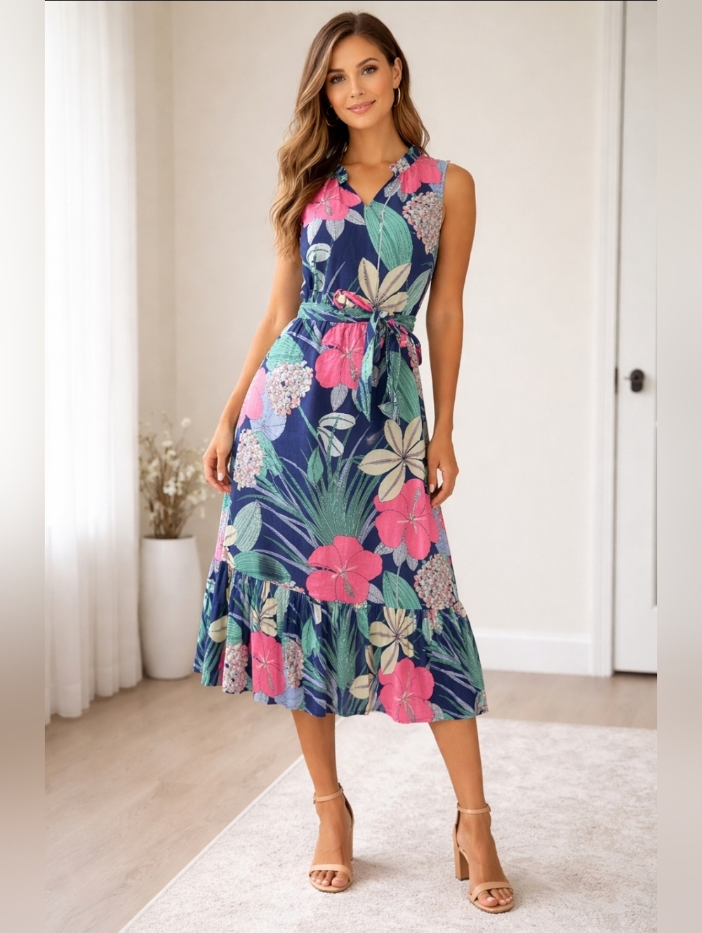 Talbots Voile Hibiscus Maxi Dress Sleeveless Ruffle Hem Gardencore Spring Size 4